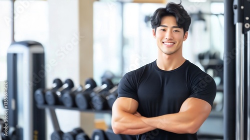 日本人 男性 ムキムキ 筋肉 パーソナル トレーナー スマイル ジム バストショット 黒 灰色 白 背景