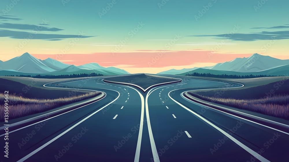 Naklejka premium Scenic Straight Highway Splitting in Two Different Curved Roads Concept