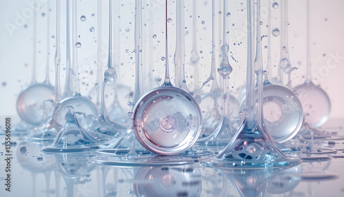 A series of transparent liquid glass droplets in mid-motion