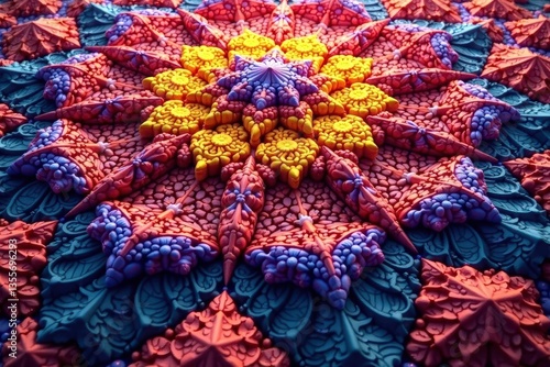 Intricate tessellation of hexagons, vibrant colors, bright, design