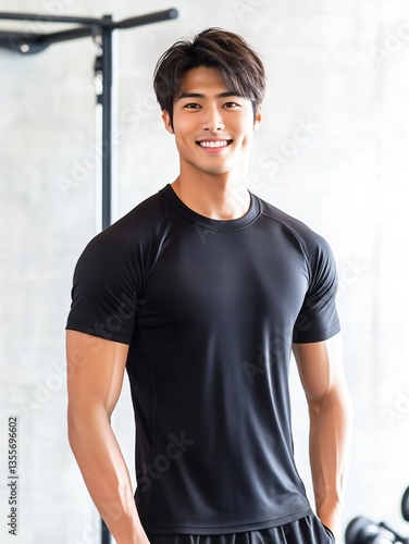 日本人 男性 ムキムキ 筋肉 パーソナル トレーナー スマイル ジム バストショット 黒 灰色 白 背景