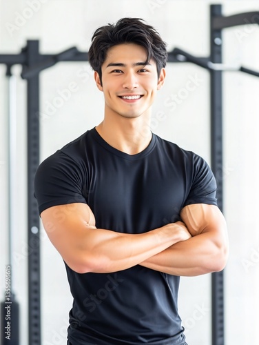日本人 男性 ムキムキ 筋肉 パーソナル トレーナー スマイル ジム バストショット 黒 灰色 白 背景