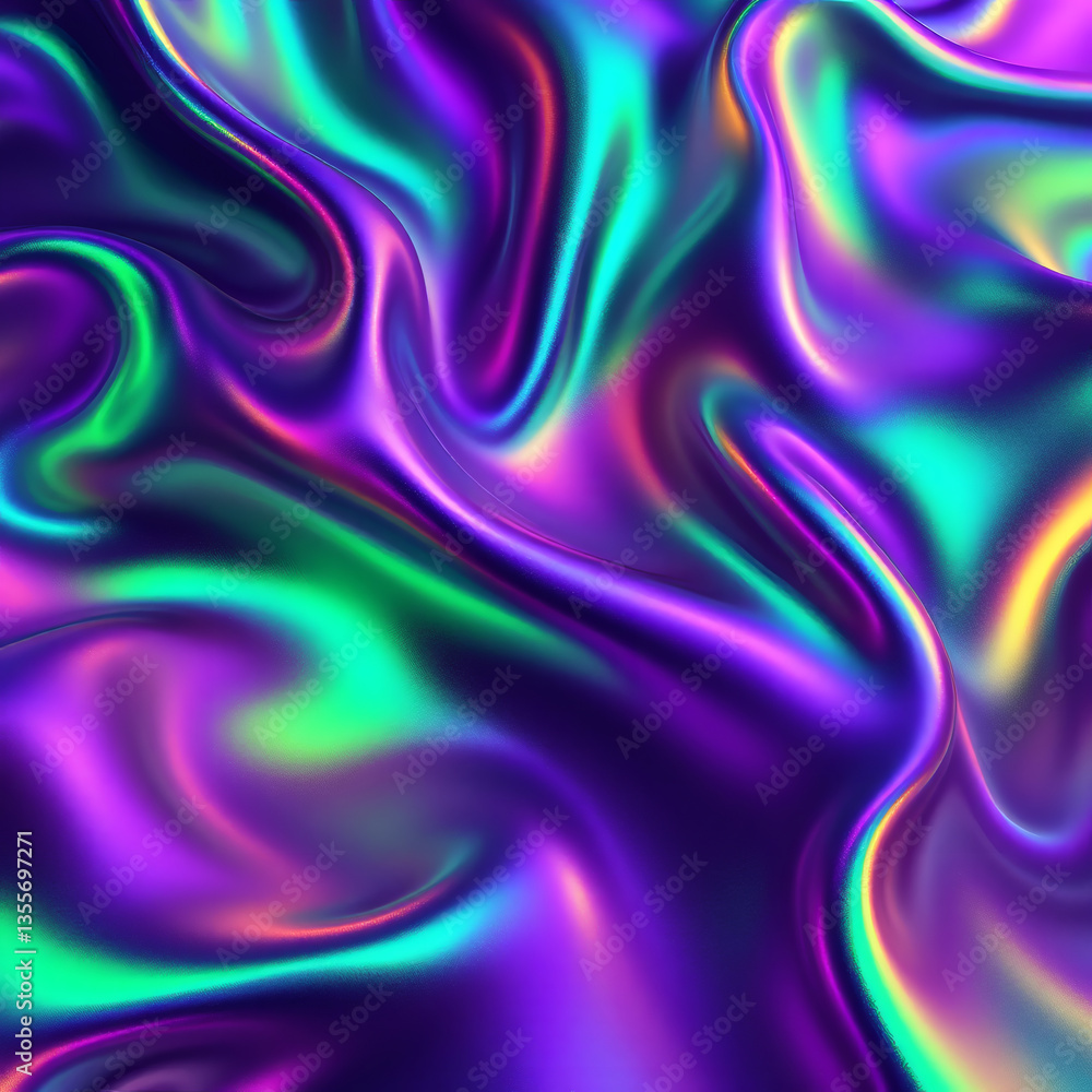 Obraz premium Shiny Matte Holographic Purple Green Fluid Iridescent Neon Wave Background, 3D Render Gradient Design