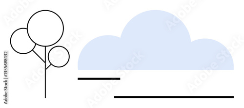 Circular tree, soft cloud, and horizontal lines form a serene minimalist landscape. Ideal for nature, simplicity, balance, serenity, modernity abstract design and creative metaphor. Flat simple