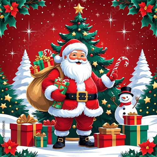 Santa Claus with Gifts, Christmas Celebration Scene, Festive Holiday Illustration, Merry Christmas Vector - Santa with Presents and Holiday Decorations, Christmas Cheer Santa Claus Holding Background