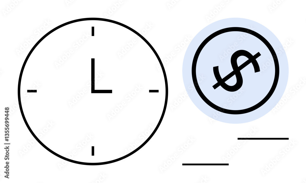 Minimal clock and dollar sign with clean lines, emphasizing time value, money management, and productivity. Ideal for finance, business, time-saving, planning, budgeting efficiency work-life