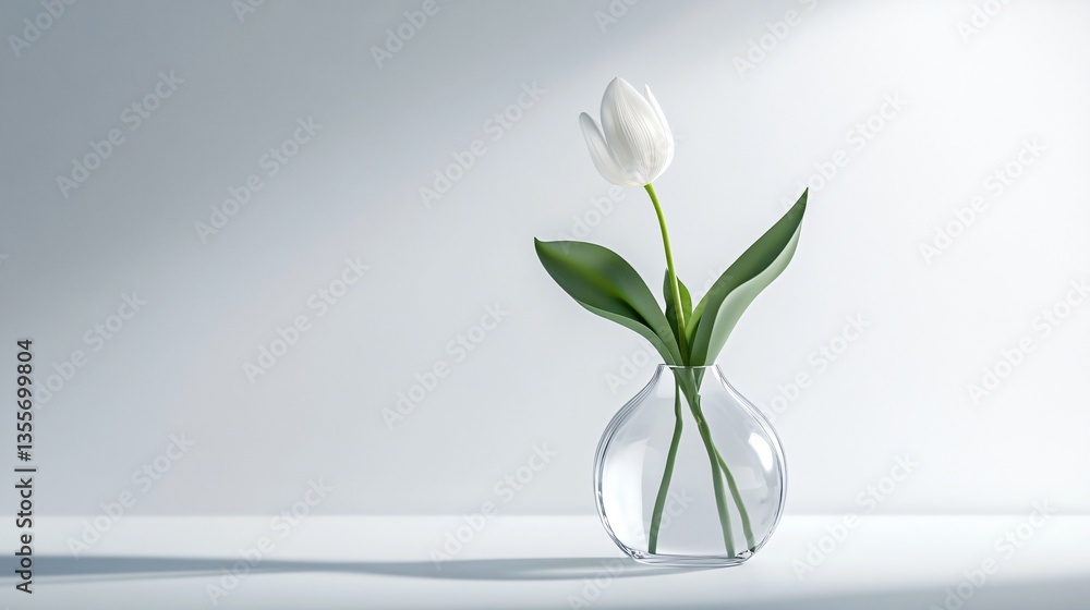 Single White Tulip in a Glass Vase on a White Background Single White Tulip in a Glass Vase on a White Background