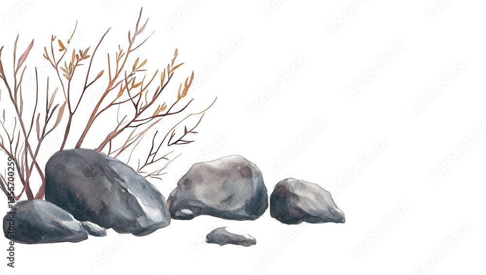 Naklejka premium a serene watercolor illustration featuring smooth rocks and delicate branches against a soft light background evoking a calm natural setting