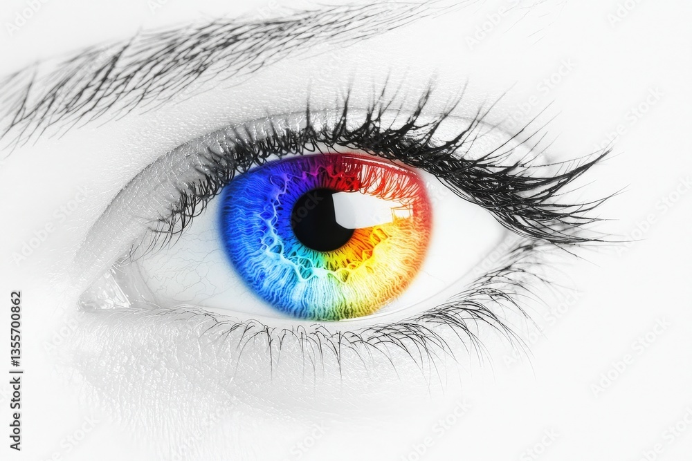 Rainbow Eye Close-up of human eye with colorful iris, isolated on white backdrop Rainbow Eye Close-up of human eye with colorful iris, isolated on white backdrop
