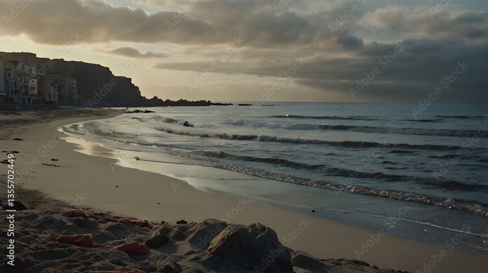 Fototapeta premium Un plano panorámico de una playa desierta al atardecer, con olas suaves rompiendo en la orilla y el cielo pintado de tonos naranjas y rosados, al estilo de una escena romántica en una película.