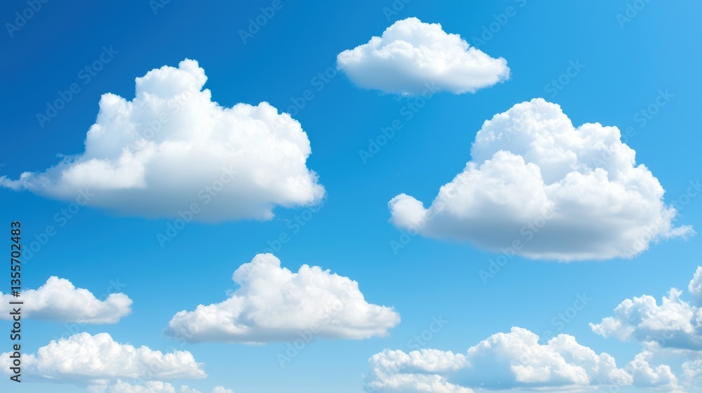 Fototapeta premium A serene sky filled with fluffy white clouds against a vibrant blue background, creating a tranquil and uplifting atmosphere.