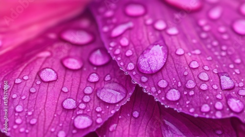 A close-up of vibrant pink flower petals adorned with glistening water droplets, showcasing delicate textures and nature's beauty.