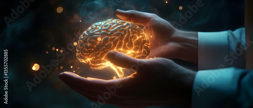 Futuristic Brain Concept with Neural Connections in Hands