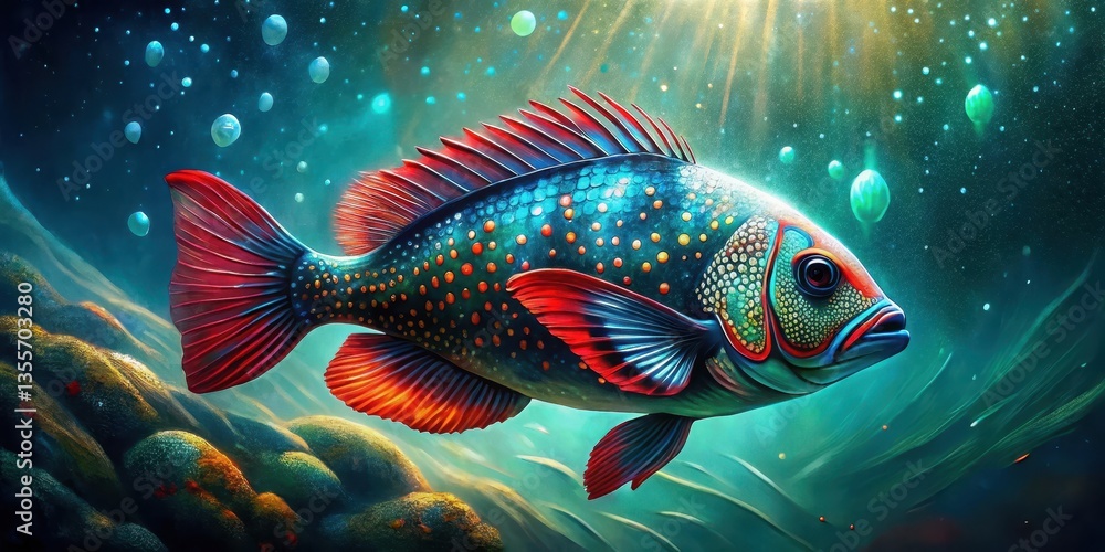Vibrant Aquatic Creature with Dazzling Scales and Fins Swimming in a Surreal Underwater Realm Vibrant Aquatic Creature with Dazzling Scales and Fins Swimming in a Surreal Underwater Realm