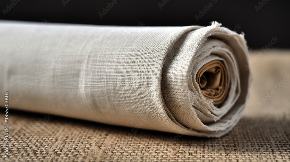 Rolled linen cloth on burlap. Close-up, studio shot with dark background Rolled linen cloth on burlap. Close-up, studio shot with dark background