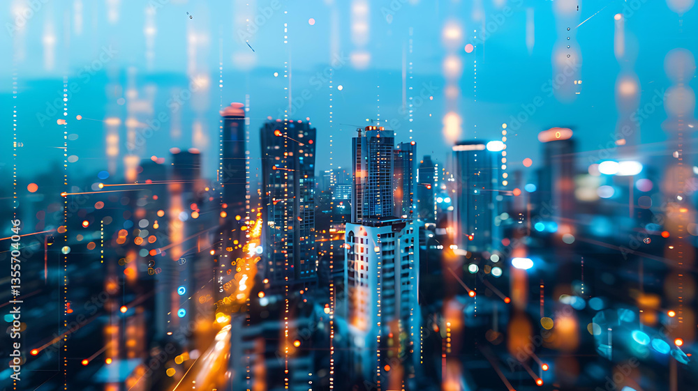 Dusk City Skyline with Digital Code Rain Overlay, High-Tech Business Hub Highlighted, Clean Aesthetic Urban Scene Dusk City Skyline with Digital Code Rain Overlay, High-Tech Business Hub Highlighted, Clean Aesthetic Urban Scene