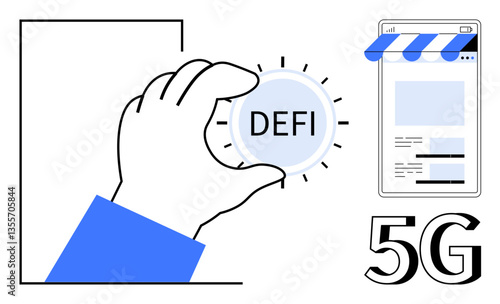 Hand holding DeFi token near smartphone with online interface, 5G text, elements of decentralized finance. Ideal for technology, innovation, blockchain, network, digital currency, mobile