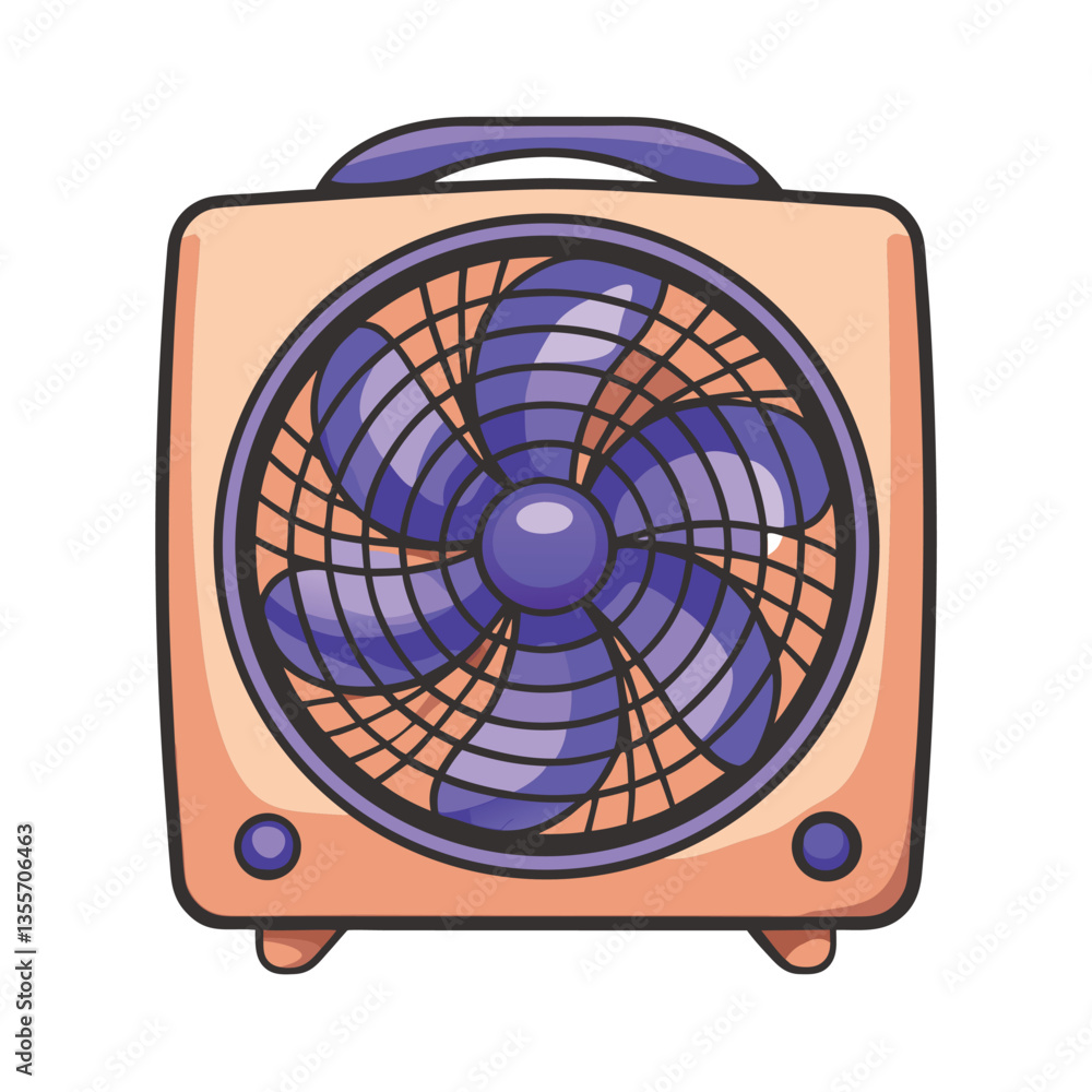 Generate a photorealistic image of a box fan featuring a square metal frame and a robust plastic housing. Show details like the blades and grill. Generate a photorealistic image of a box fan featuring a square metal frame and a robust plastic housing. Show details like the blades and grill.