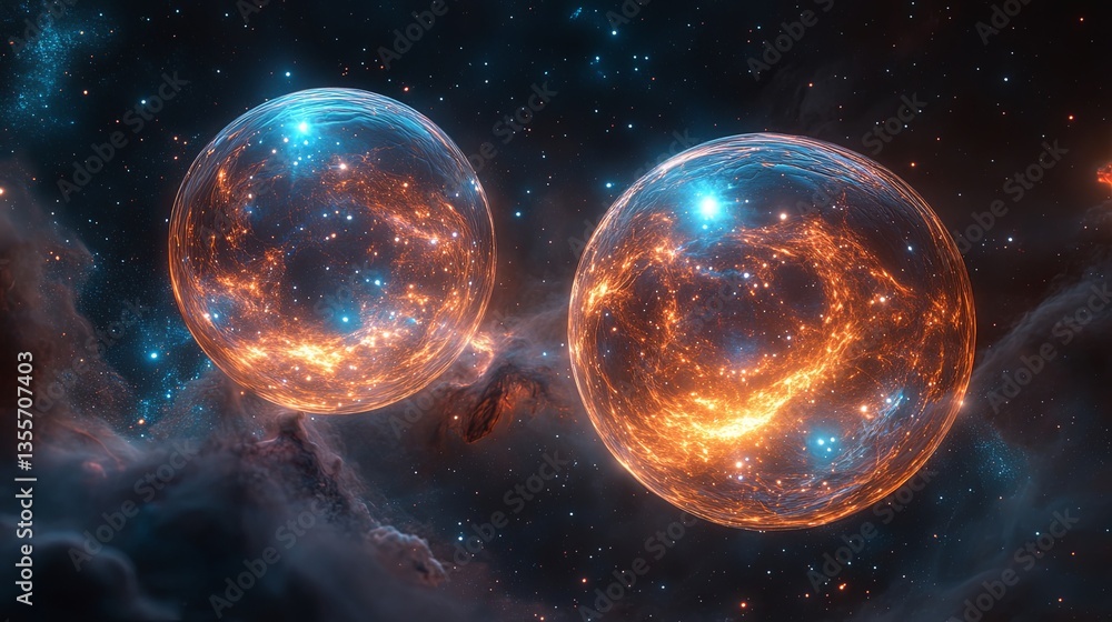 Fototapeta premium Two giant translucent bubbles overlapping symmetrically above and below a vivid galaxy surrounded by shimmering cosmic dust, symbolizing universe, cosmos, space, nebula, astronomy