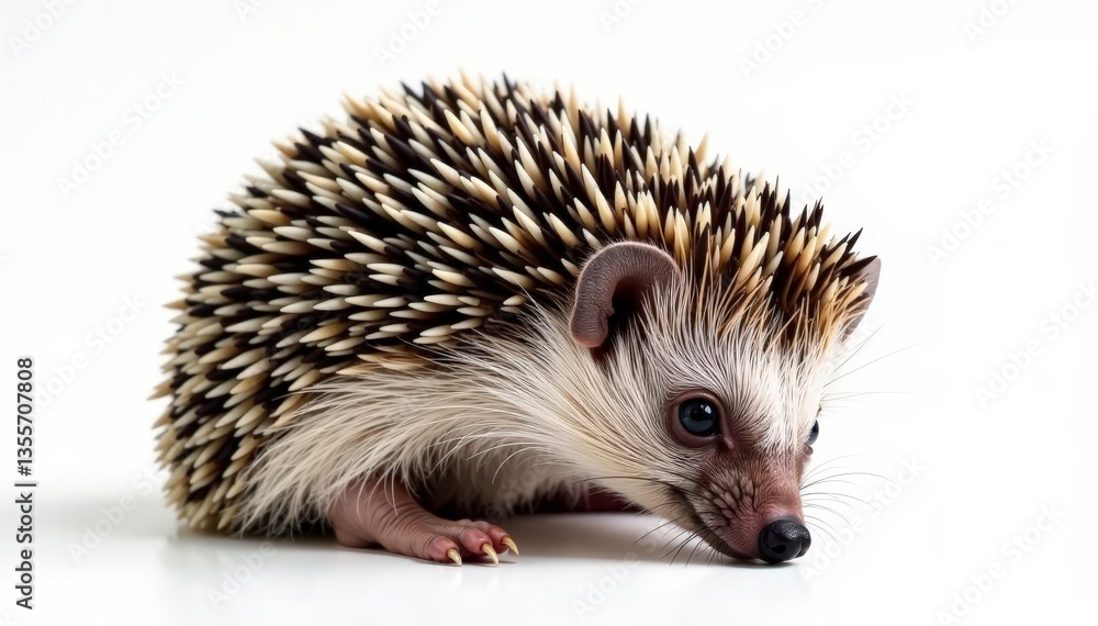 Tiny hedgehog, curled in self-defense, isolated on pure white background, insectivore, tiny Tiny hedgehog, curled in self-defense, isolated on pure white background, insectivore, tiny