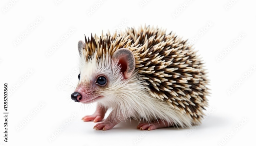 Fototapeta premium Tiny hedgehog isolated on pure white background, curled in a ball , adorable, round, wildlife photography