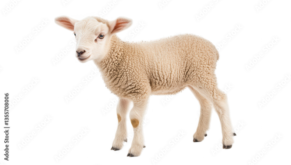a cute fluffy lamb stands on a white background showcasing its soft wool and playful demeanor. innocence and charm of young livestock often associated with pastoral life a cute fluffy lamb stands on a white background showcasing its soft wool and playful demeanor. innocence and charm of young livestock often associated with pastoral life