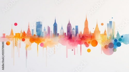 Vibrant Watercolor Painting of Bangkok's Historic Temples and Modern Skyline