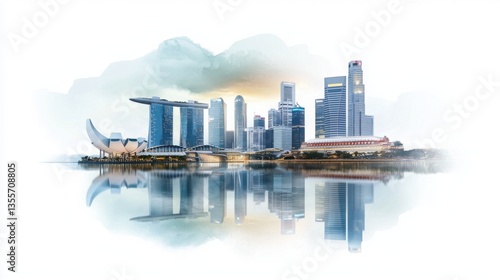 Watercolor Rendition of Marina Bay Sands with Reflection in Singapore Skyline