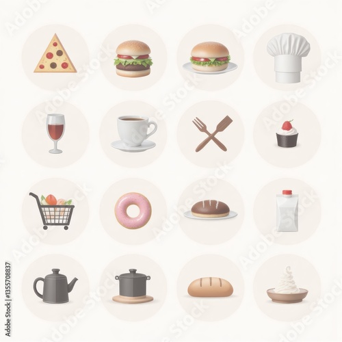 Food & Cooking Icons: Pizza, Burger, Wine, Coffee, Shopping, Bread, Chef Hat, Dessert, Culinary Vector Set