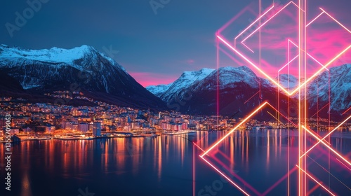 Abstract City Skyline at Night with Vibrant Illuminations and Mountain Reflections