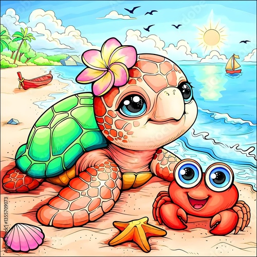 A turtle and a crab on the beach 