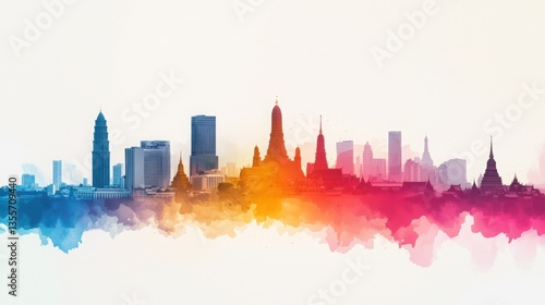 Abstract Watercolor Representation of Vibrant Bangkok City Skyline at Dusk