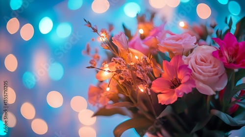 A beautiful floral bouquet with lights and a soft background