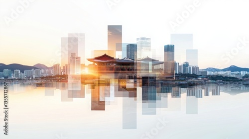 Dynamic City View of Seoul Featuring Traditional Elements and Modern Architecture
