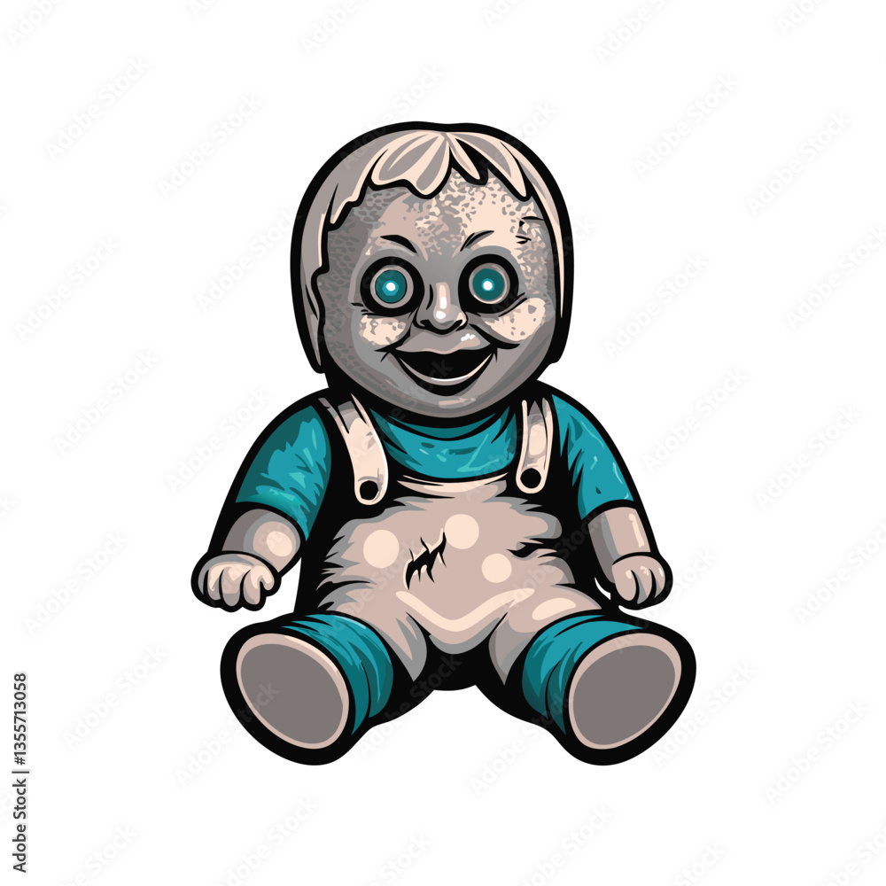 Render a terrifying image of a haunted porcelain baby doll with broken limbs, a cracked face, and unsettling eyes; conveying a sense of macabre creepiness. Render a terrifying image of a haunted porcelain baby doll with broken limbs, a cracked face, and unsettling eyes; conveying a sense of macabre creepiness.