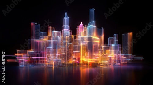 Vibrant Digital Abstract Rendering of Shanghai Skyline in Neon Colors and Lights