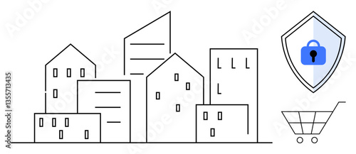 Buildings of various heights, a shield with a blue lock, and a shopping cart. Ideal for city infrastructure, online security, e-commerce, cyber protection, urban development, consumer safety modern