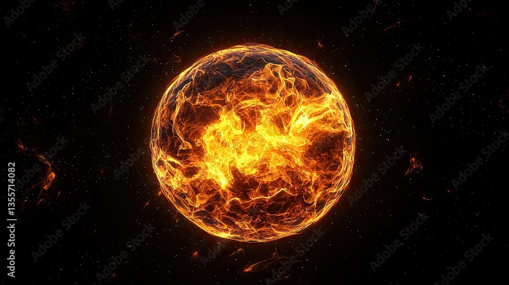 Fiery orb glows intensely against dark cosmic background Fiery orb glows intensely against dark cosmic background