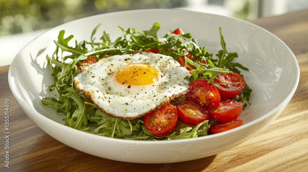 Fried egg atop arugula salad with cherry tomatoes Fried egg atop arugula salad with cherry tomatoes