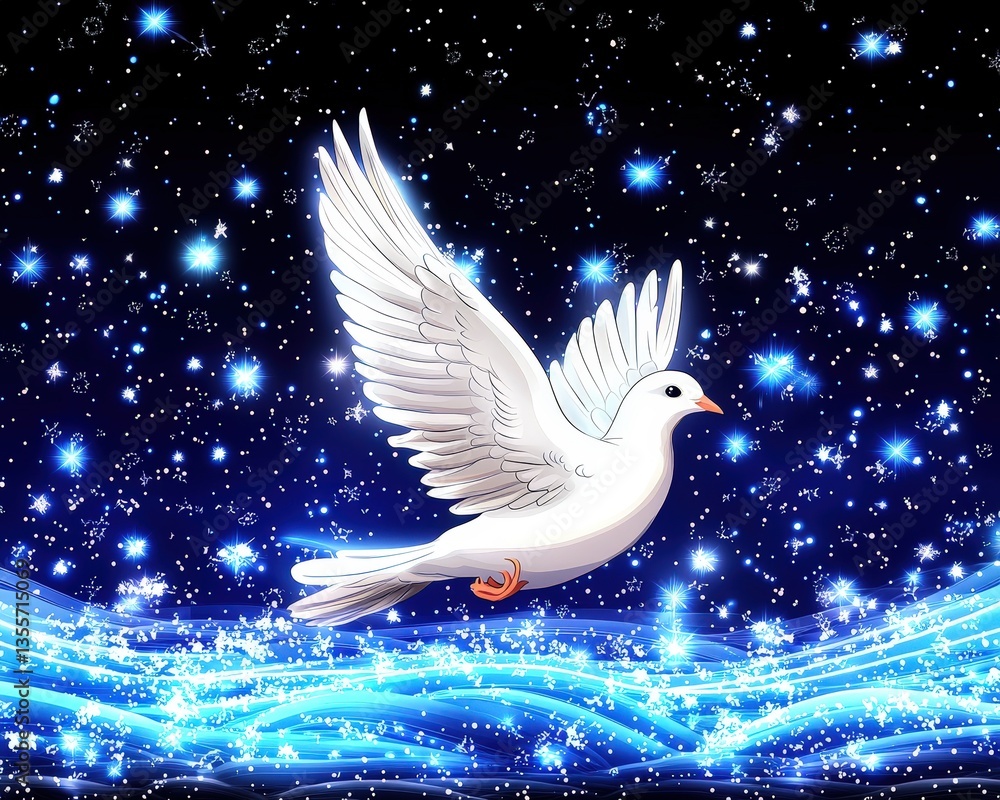 Fototapeta premium White Dove Soaring in Night Sky with Sparkling Light Effects