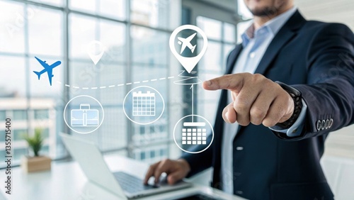 Businessman working on travel planning with laptop, airline icons, calendar, and location markers in modern office environment