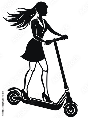Silhouette of a girl riding a scooter on a white background vector