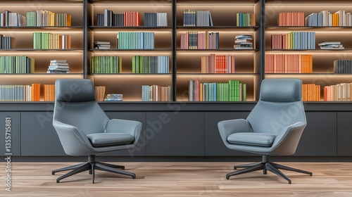 Wallpaper Mural Modern Library Interior  Two Chairs  Bookshelves  Study Room Torontodigital.ca
