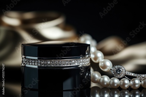 Luxurious black cosmetic jar, adorned with diamonds, beside pearls and silk, on a dark surface