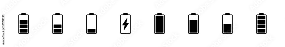 Battery icon set. battery charge level. battery charging icon Battery icon set. battery charge level. battery charging icon