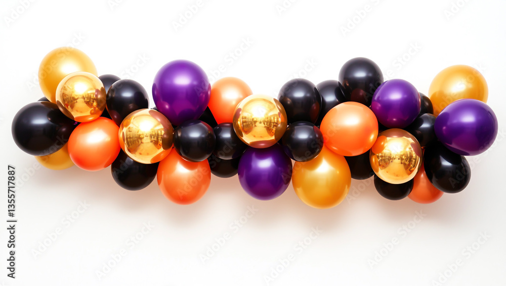Colorful balloon arch on a white background, with a Halloween color palette of purple, orange, black, and gold balloons arranged in a garland for party decoration. Colorful balloon arch on a white background, with a Halloween color palette of purple, orange, black, and gold balloons arranged in a garland for party decoration.