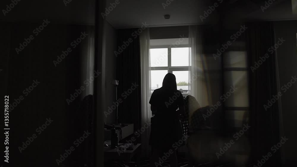 The bride is doing makeup at the big window. Silhouettes by the window. wedding day The bride is doing makeup at the big window. Silhouettes by the window. wedding day