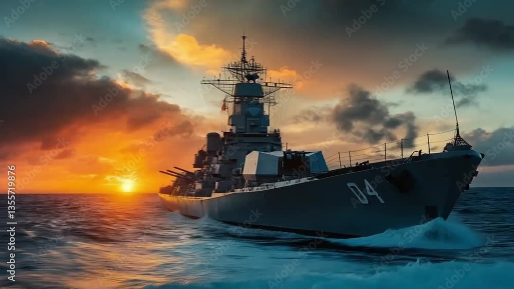 The warship cut through the waves of the vast ocean, its imposing silhouette standing out against the horizon. The warship cut through the waves of the vast ocean, its imposing silhouette standing out against the horizon.