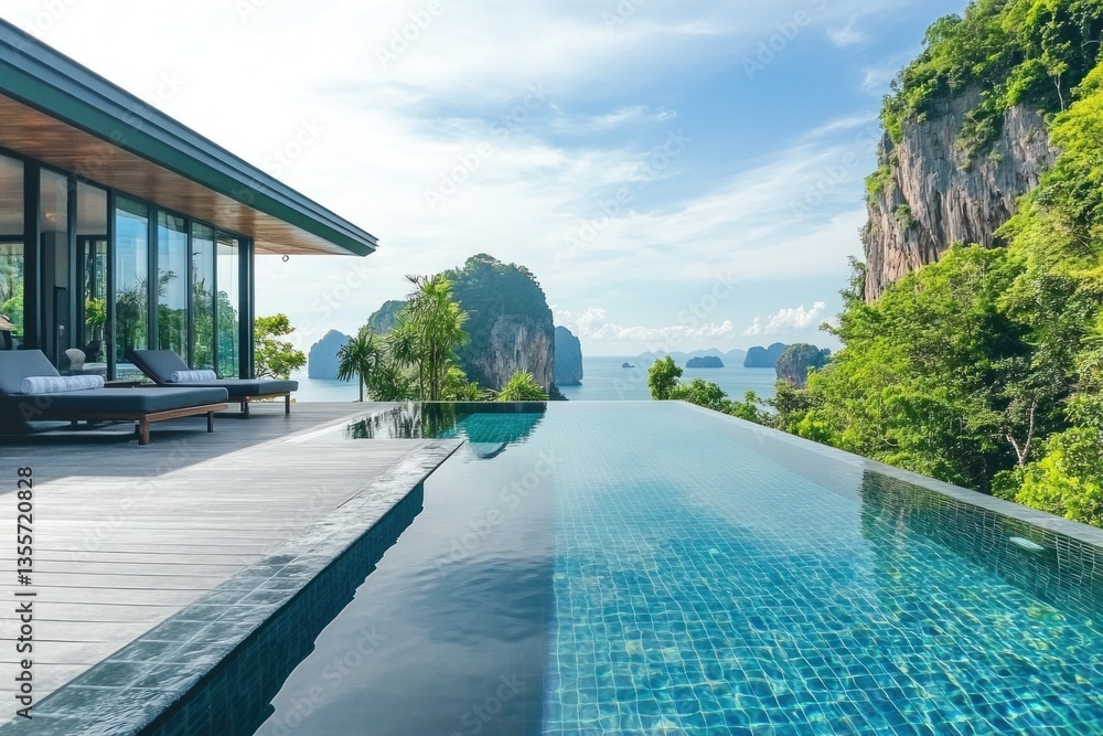 Fototapeta premium Luxurious infinity pool overlooking a scenic island paradise