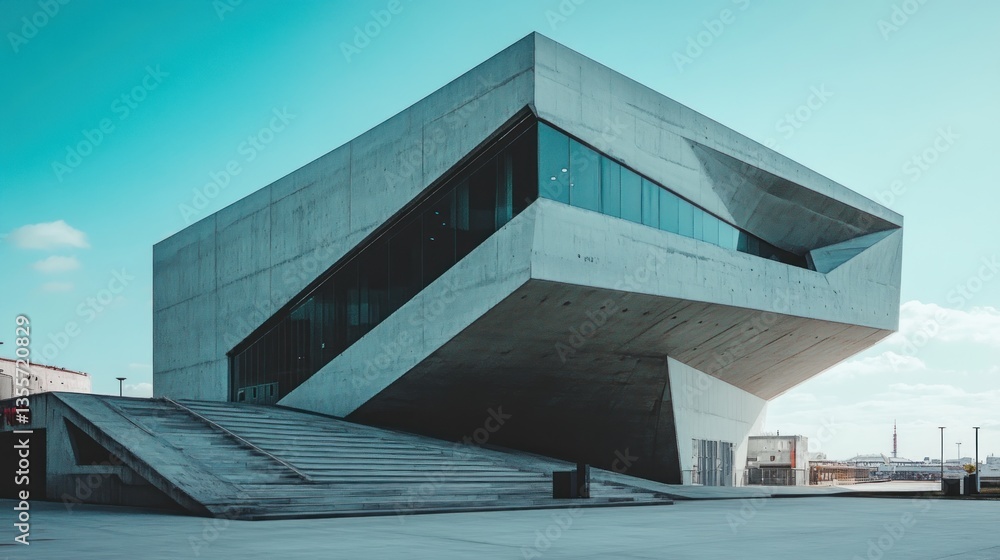 Fototapeta premium Modern concrete building with angular design, clear sky backdrop.